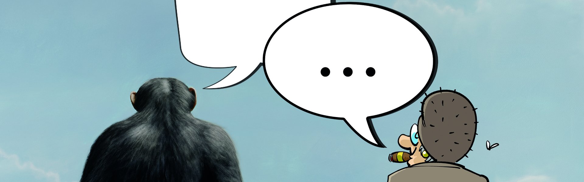 Auf dem gezeichneten Bild sieht man einen Gorilla und eine alte Dame, die miteinander sprechen.