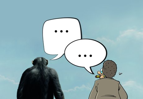 Auf dem gezeichneten Bild sieht man einen Gorilla und eine alte Dame, die miteinander sprechen.