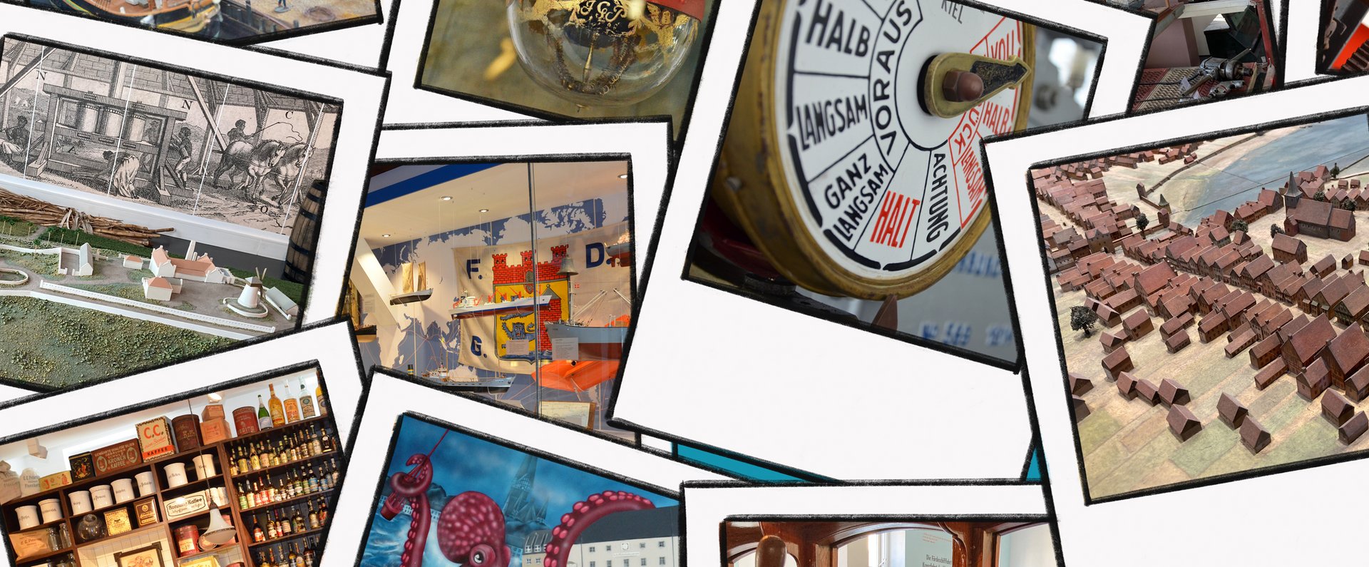 Auf dem Foto sind Polariods der Ausstellungen im Flensburger Schifffahrtsmuseum zu sehen. Sie liegen ungeordnet auf einer umzudefinierenden Oberfläche.