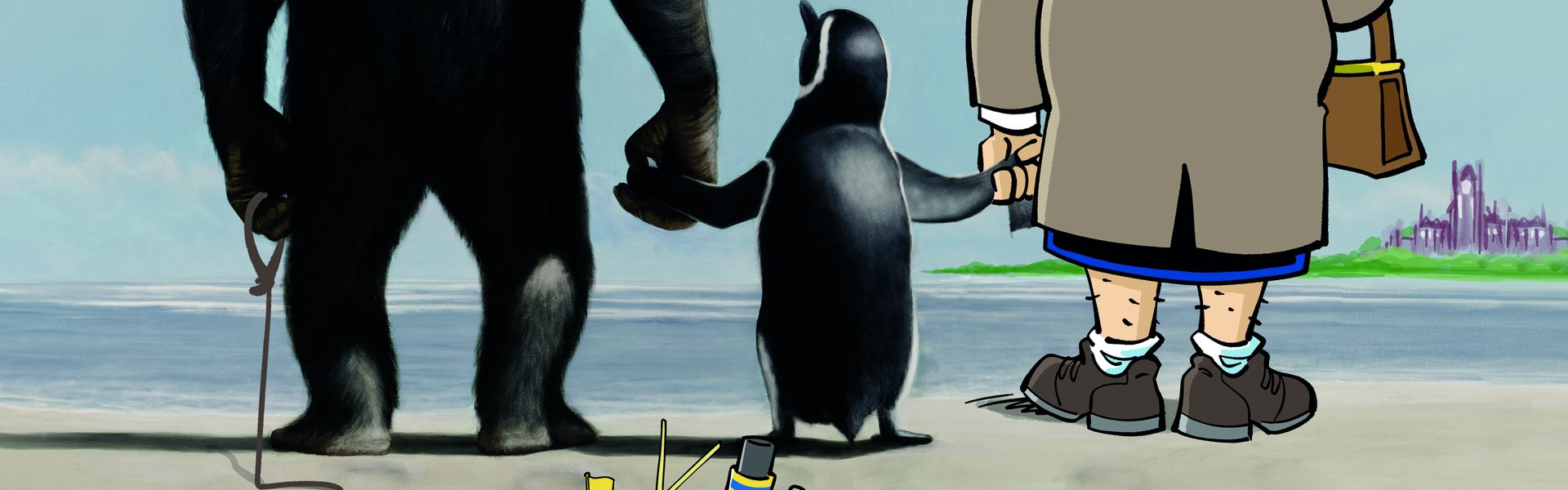 Auf dem Bild sieht man einen Gorilla, der eine Pinguin an der Hand hält, der wiederum die Hand einer Comic-Oma hält. Sie schauen auf das Meer. Am Horizont ist die Marineschule zu sehen. Man kann nur den Rücken der Tiere und der alten Frau sehen. Der Gorilla hält in seiner anderen Hand eine Schnur, an der ein Modell des Salondampfers ALEXANDRA hängt.