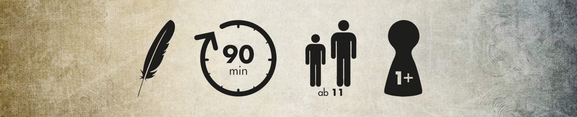 Zu sehen sind Pikrogramme: eine Feder; eine Uhr, in der 90 min steht; zwei unterschiedlich große Menschen, unter denen ab 11 steht; und eine Spielfigur, auf der 1+ steht. 