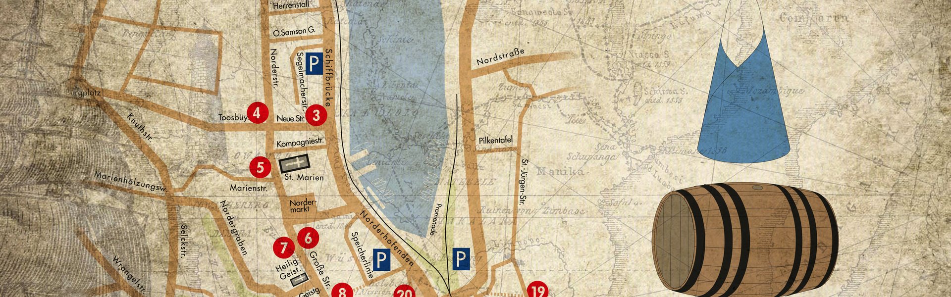 Auf einer Karte, auf der ganz schwach maritime Zeichnungen zu sehen sind, ist die Rum und Zucker Meile farbig abgebildet. Daneben das Logo für die Meile. Dieses besteht aus einem Zuckerhut und einem Rumfass.