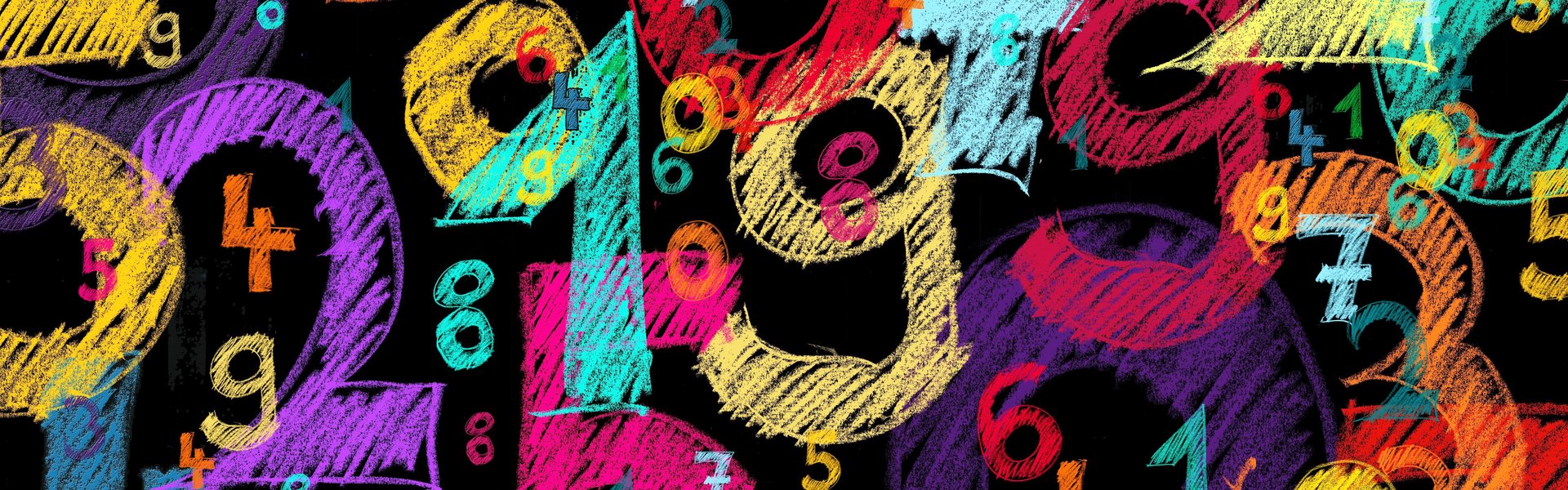 Auf schwarzem Grund sind bunte Zahlen gemalt. Sie sind wild durcheinander angeordnet.
