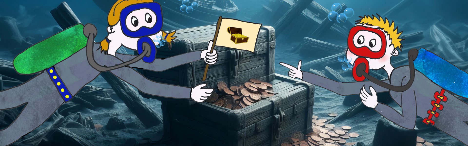 Die Abbildung zeigt einen Meeresgrund. Dieser ist dunkel und mystisch. Im Vordergrund sind Schatztruhen und Geld zu sehen. Zwei gezeichnete Taucher schwimmen auf den Schatzkisten zu. 