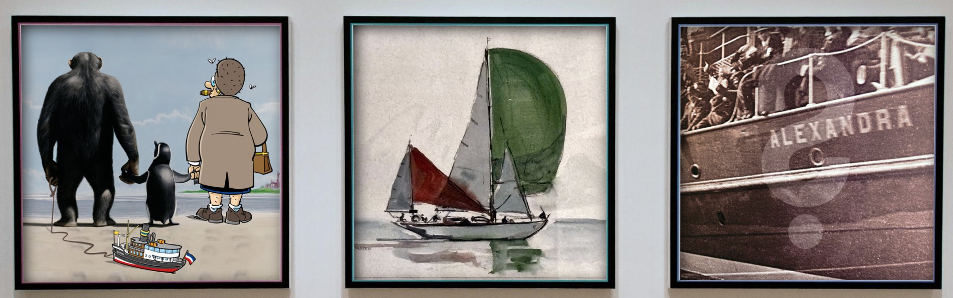 Auf den Bild sind drei Bilderrahmen zu sehen. Sie hängen nebeneinander an einer weißen Wand. In den Bilderrahmen sind Bilder platziert, die die Sonderausstellungen 2026 symboliseren sollen.