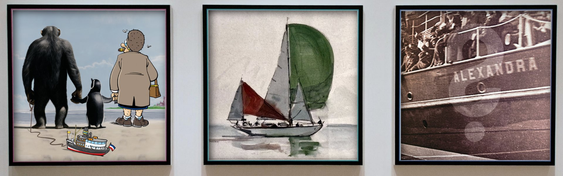 Auf dem Bild sind drei Bilderrahmen an einer weißen Wand. In jedem Rahmen ist ein Bild, das die Sonderausstellungen 2026 zeigt.