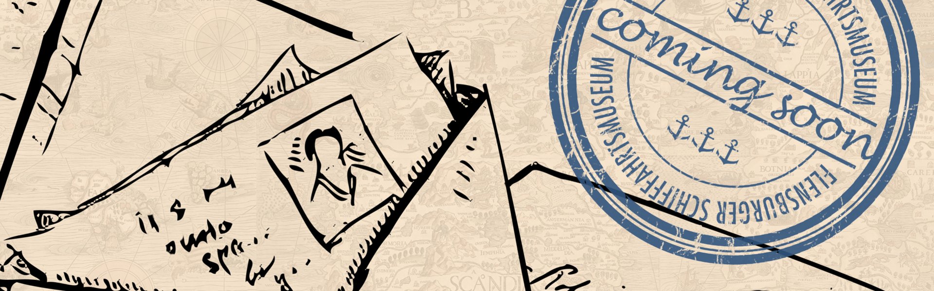 Auf dem Bild ist eine Strichzeichnung eines Briefumschlages zu sehen. Dieser ist geöffnet, sodass man einen Brief sehen kann. Auf dem gesamten Bild ist ein Stempel mit der Aufschrift "Flensburger Schifffahrtsmuseum - coming soon".