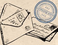 Auf dem Bild ist eine Strichzeichnung eines Briefumschlages zu sehen. Dieser ist geöffnet, sodass man einen Brief sehen kann. Auf dem gesamten Bild ist ein Stempel mit der Aufschrift "Flensburger Schifffahrtsmuseum - coming soon".